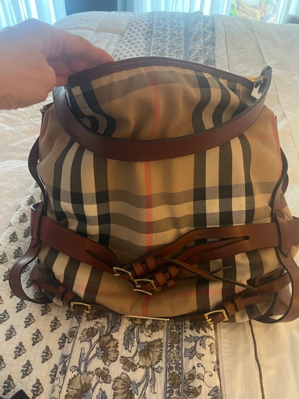 Burberry Canvas Bucket Bag with Brown Leather Trim